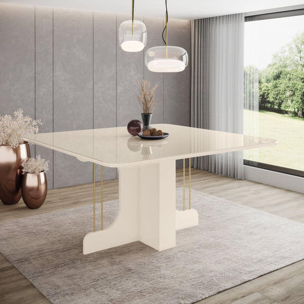 Mesa de Jantar para 8 Lugares 150cm Tampo Mdf e Vidro Canto Arredondado Mavi Off White