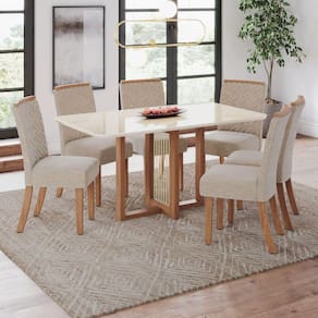 Conjunto Érika Mesa 160 Cm Canto Arredondado com Vidro 4 Cadeiras Espresso Móveis Marrom/Off White/Linho