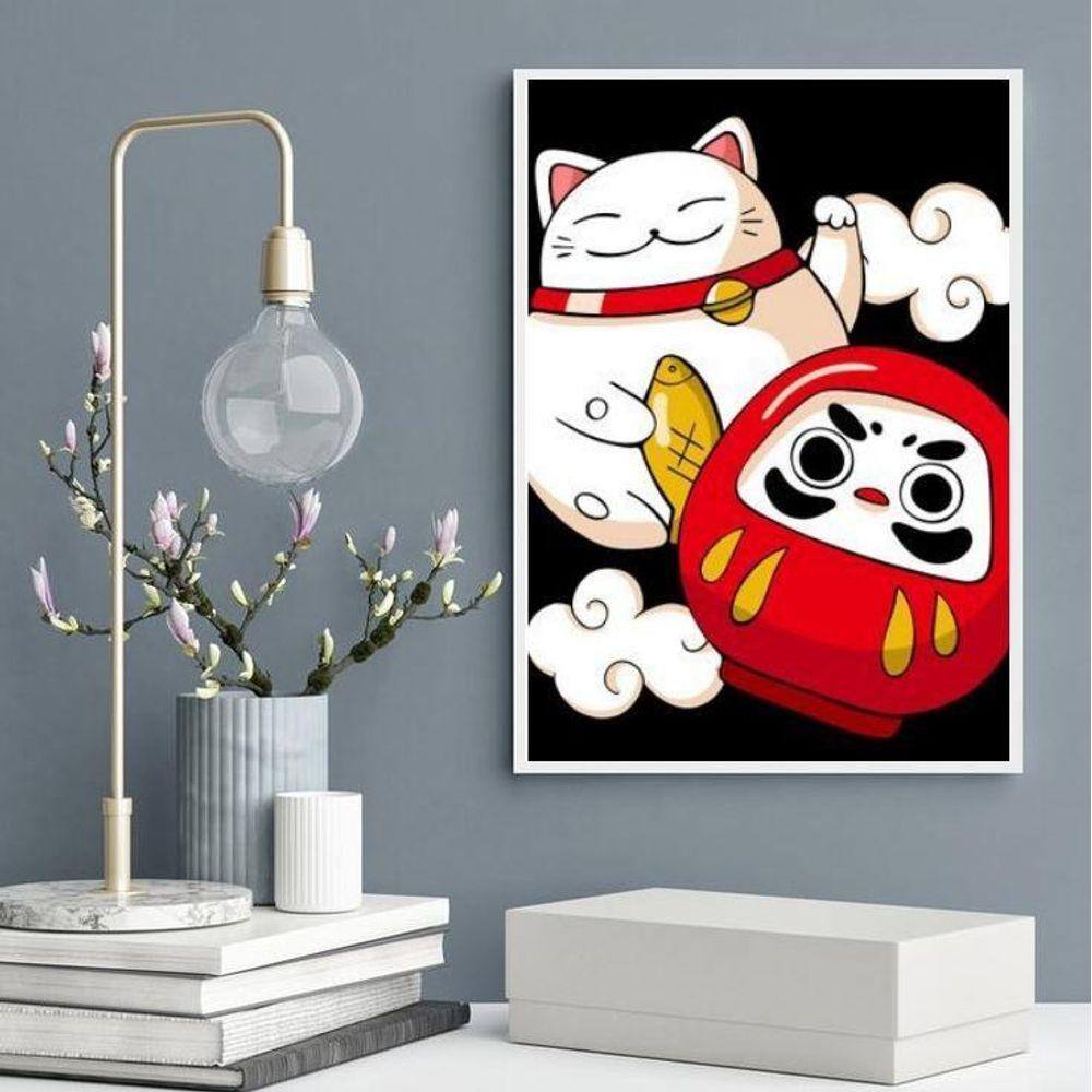 Quadro Decorativo Maneki Neko E Daruma 33X24Cm - Com Vidro