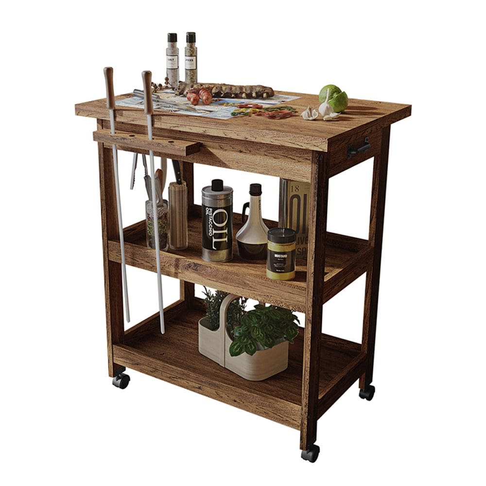 Mesa Gourmet Carrinho de Churrasco W01 Tampo com Cerâmica Madeira Maciça Imbuia Clique Chique