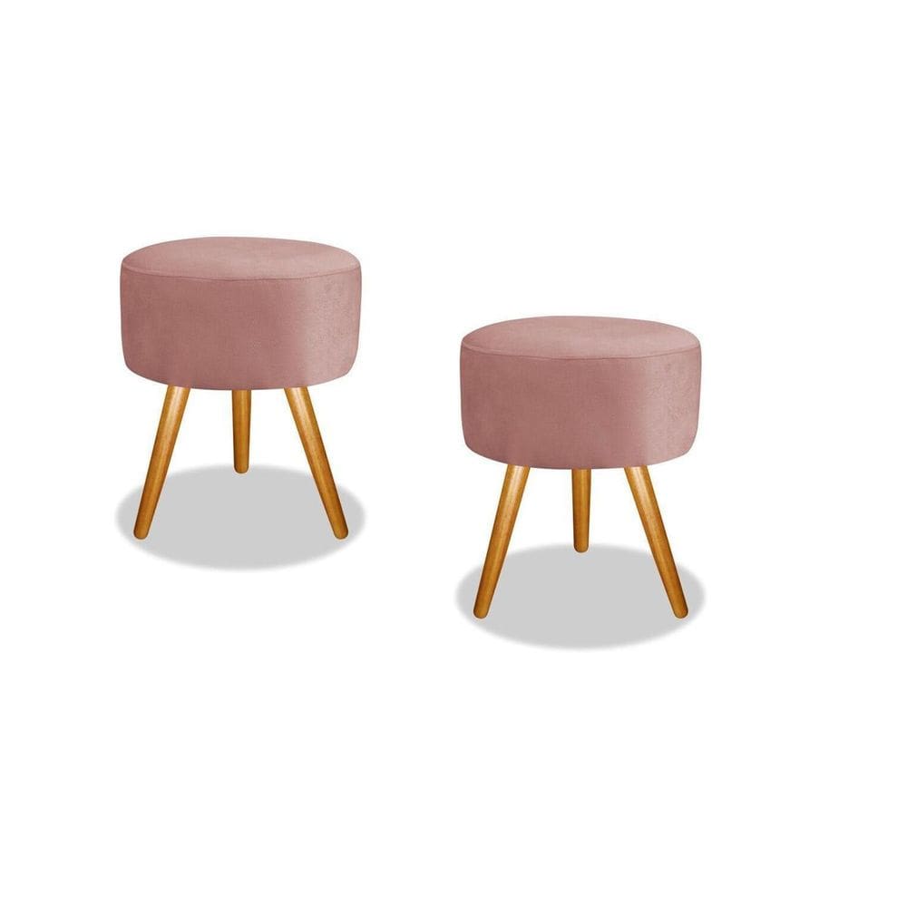 Kit 02 Puffs Redondo Luxo Suede Pés Palito Decorativo Bela