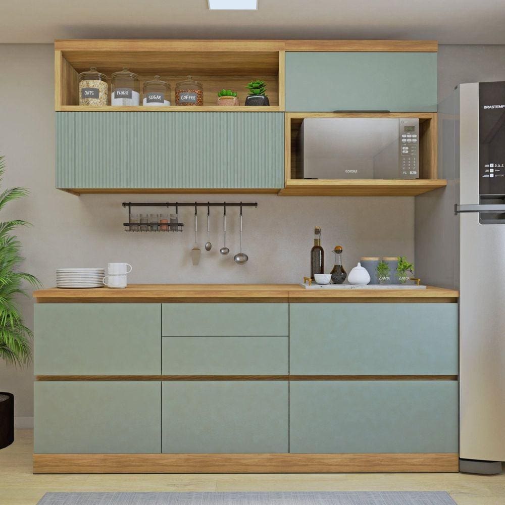 Cozinha Millena 4 Peças Aereo Micro-ondas 100% Mdf Yescasa Marrom/Verde