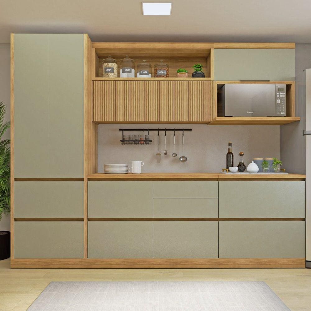 Cozinha Millena 5 Peças Aereo Micro-ondas 100% Mdf Yescasa Marrom/Verde