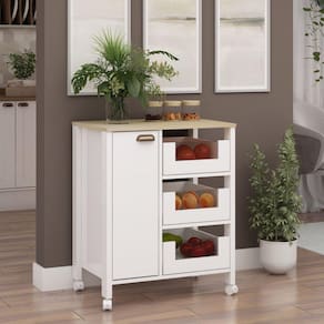 Balcão Fruteira com Rodízios, Gavetas Multifuncional e 1 Porta Branco/Savana