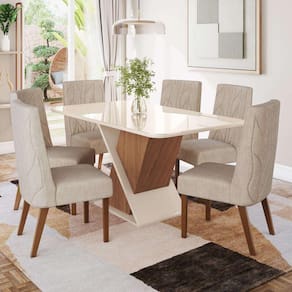 Conjunto Sala Jantar Letícia Mesa 160 Cm Canto Arredondado com Vidro 6 Cadeiras Espresso Móveis Marrom/Off White/Linho