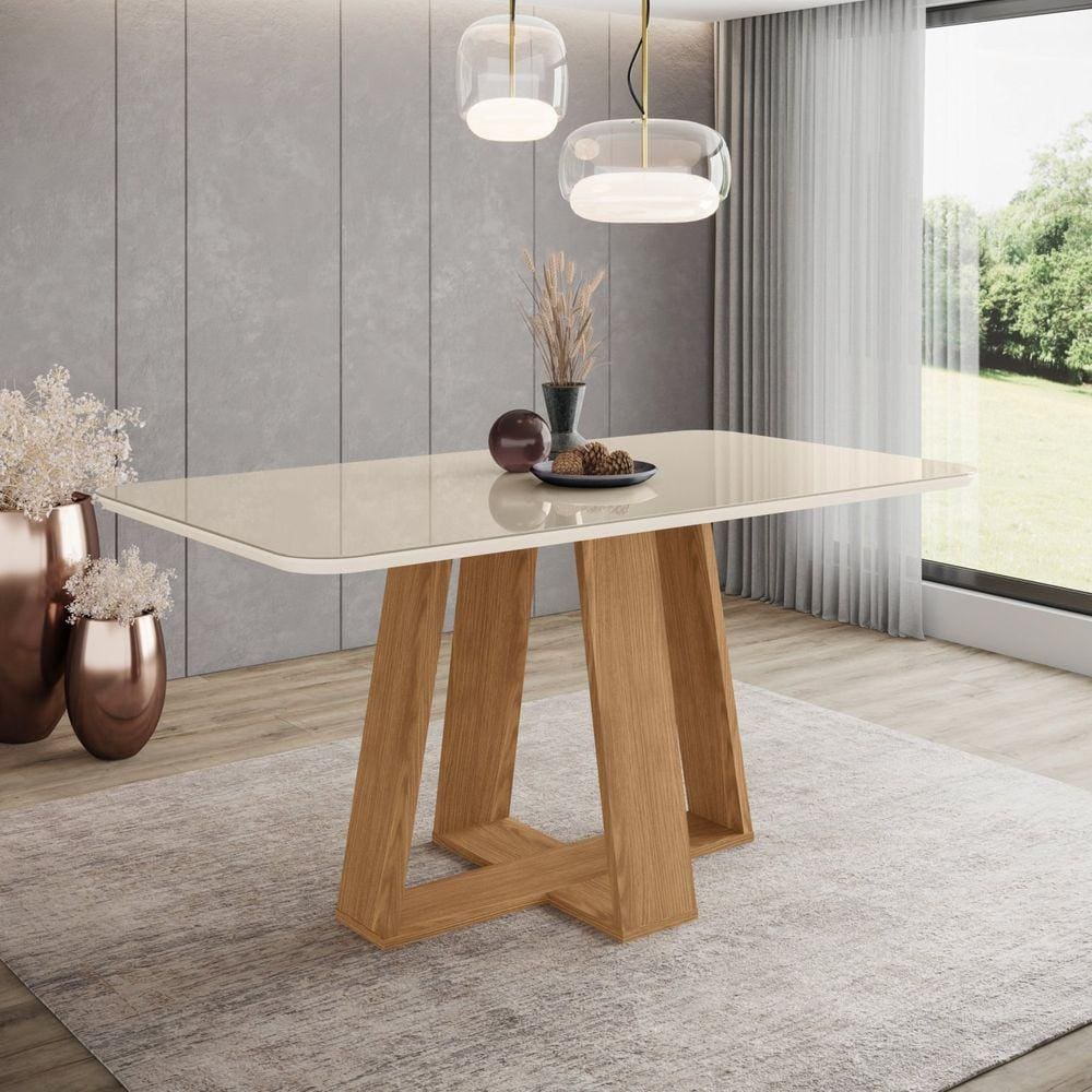 Mesa de Jantar para 6 Lugares 160cm Tampo Mdf e Vidro Canto Arredondado Lins Marrom/Off White