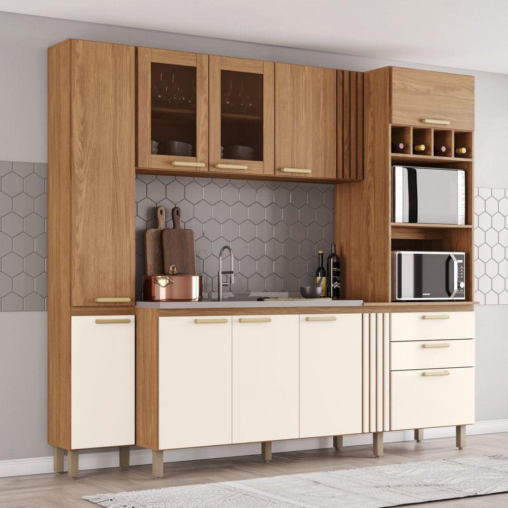 Cozinha Compacta 10 Portas 2 Gavetas para 2 Fornos Bc01 Marrom e Off White