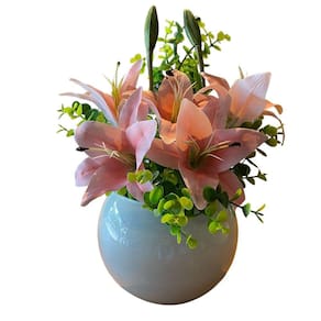 Arranjo Centro de Mesa Lírio Rosa Completo Artificial Vaso Branco