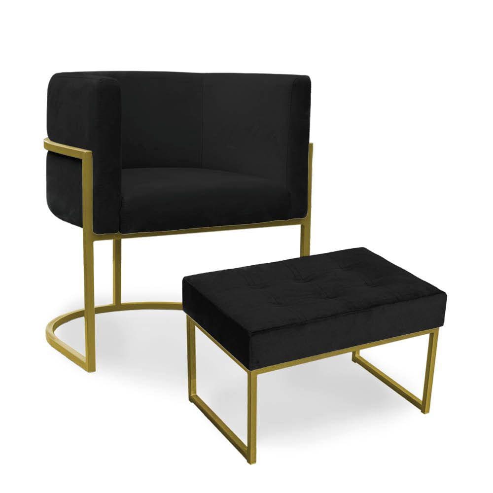 Kit Poltrona e Puff Luana Base Gold Veludo Preto - Montanaris Decor
