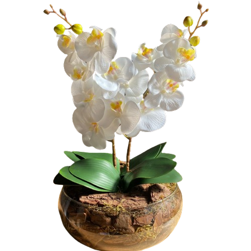 Arranjo Centro de Mesa Vaso Grande 2 Orquídeas Branca Artificial