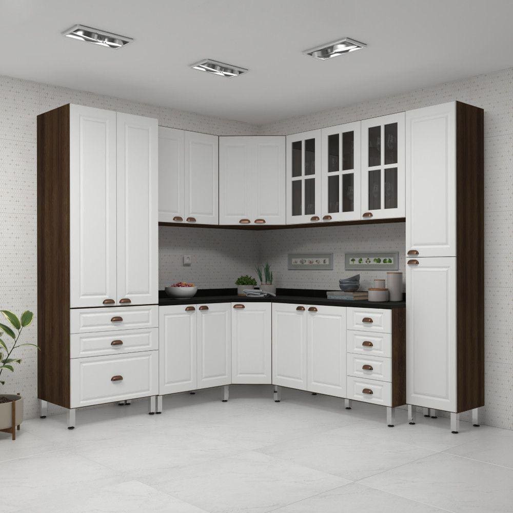 Armário de Cozinha Completa 8 Peças com Tampos e Vidro Safira Luciane Móveis