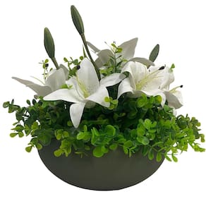 Arranjo Grande Centro Mesa Lírio Branco Artificial Vaso Verde Musgo