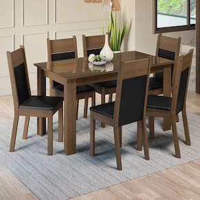 Conjunto Sala de Jantar Mesa Tampo de Vidro 6 Cadeiras Rustic/Preto Zoe Madesa