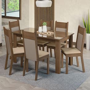 Conjunto Sala de Jantar Mesa Tampo de Vidro 6 Cadeiras Rustic/Crema/Bege Dora Madesa