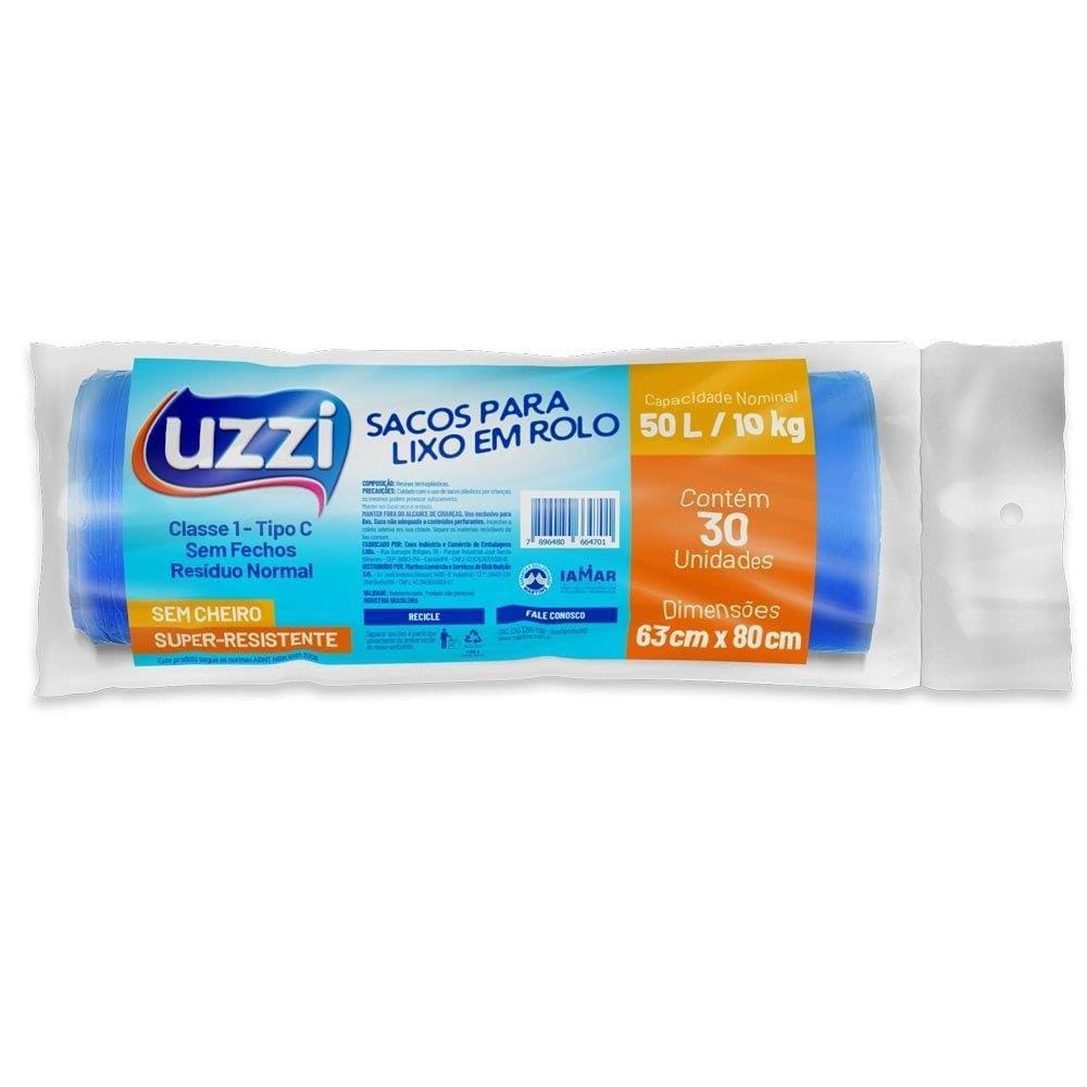 Saco para Lixo Uzzi Rolo Azul 50L - Embalagem com 30 Unidades