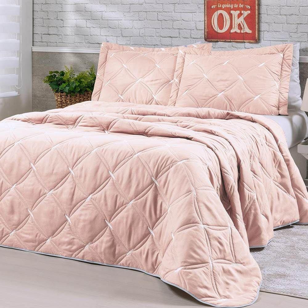 Cobre Leito King Unique 200 Fios Bordado 3 Peças - Rose