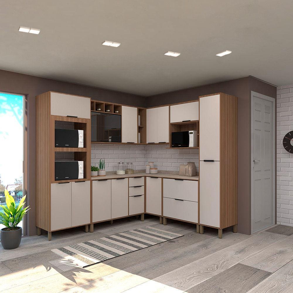 Cozinha Modulada Completa com 8 Peças Vidro Reflecta Tampos e Paneleiro Aspen Luciane Móveis