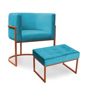 Kit Poltrona e Puff Luana Base Bronze Veludo Azul Turquesa - Montanaris Decor