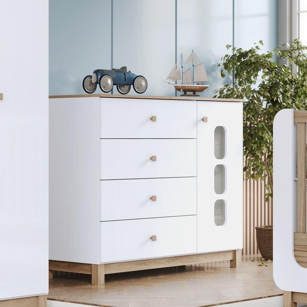 Cômoda Infatil Aconchego 1 Porta 4 Gavetas Branco e Jequitibá HP