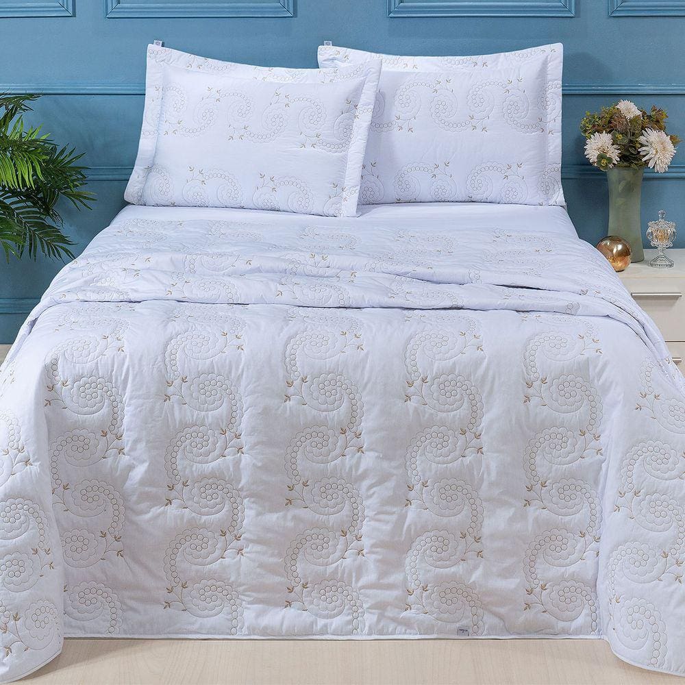 Cobre Leito Queen Mistral Percal 200 Fios Bordado 3 Peças - Branco