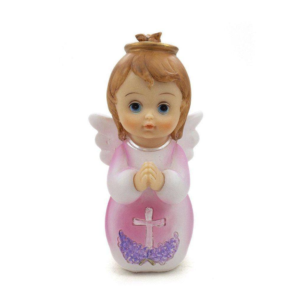 Imagem Anjo Da Guarda Rezando Rosa Importado Resina 16 Cm