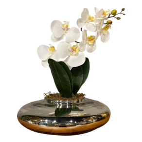 Arranjo Centro de Mesa Orquídea Branca Artificial Vaso Espelhado