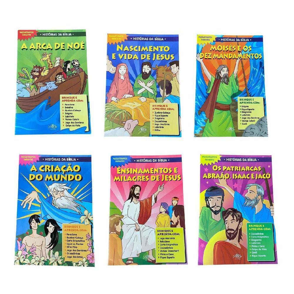 Livros Histórias Da Bíblia Passatempos Infantis - Kit 6Un