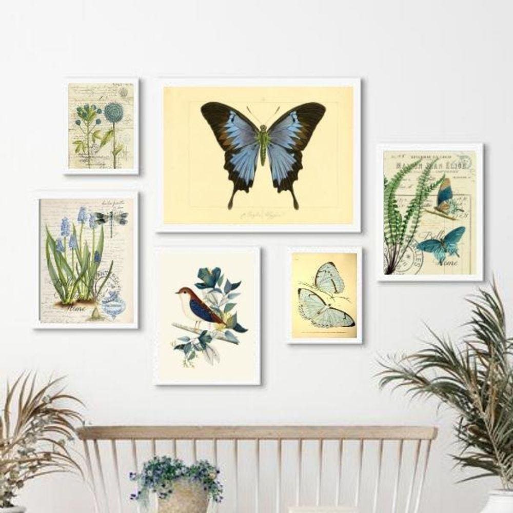Composição 6 Quadros Botânica - Animais E Plantas Azul