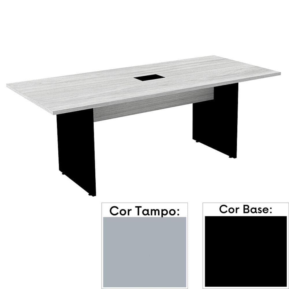 Mesa de Reunião com Caixa de Tomada Retangular 200 x 90 cm Pé Painel PE25 em MDP Cinza Base Preta