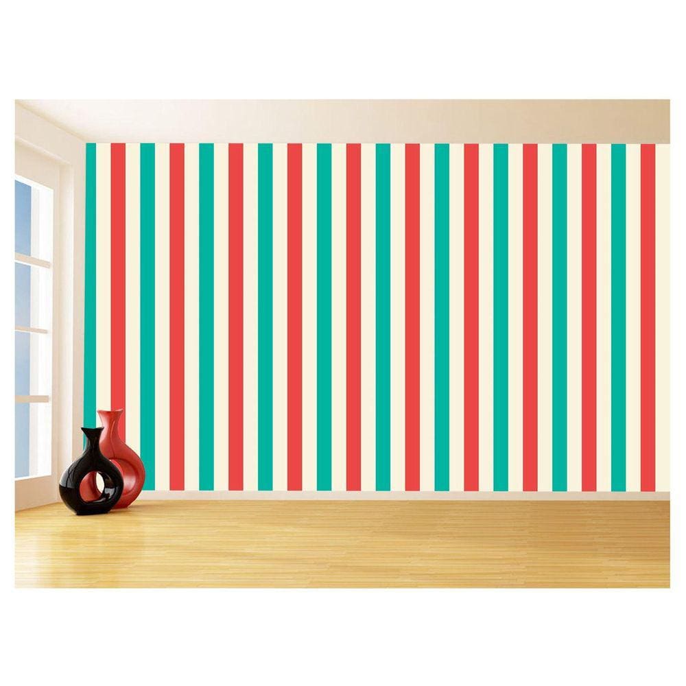 Papel De Parede 3D Listras Vermelho Bege Verde 3,5M Lst52