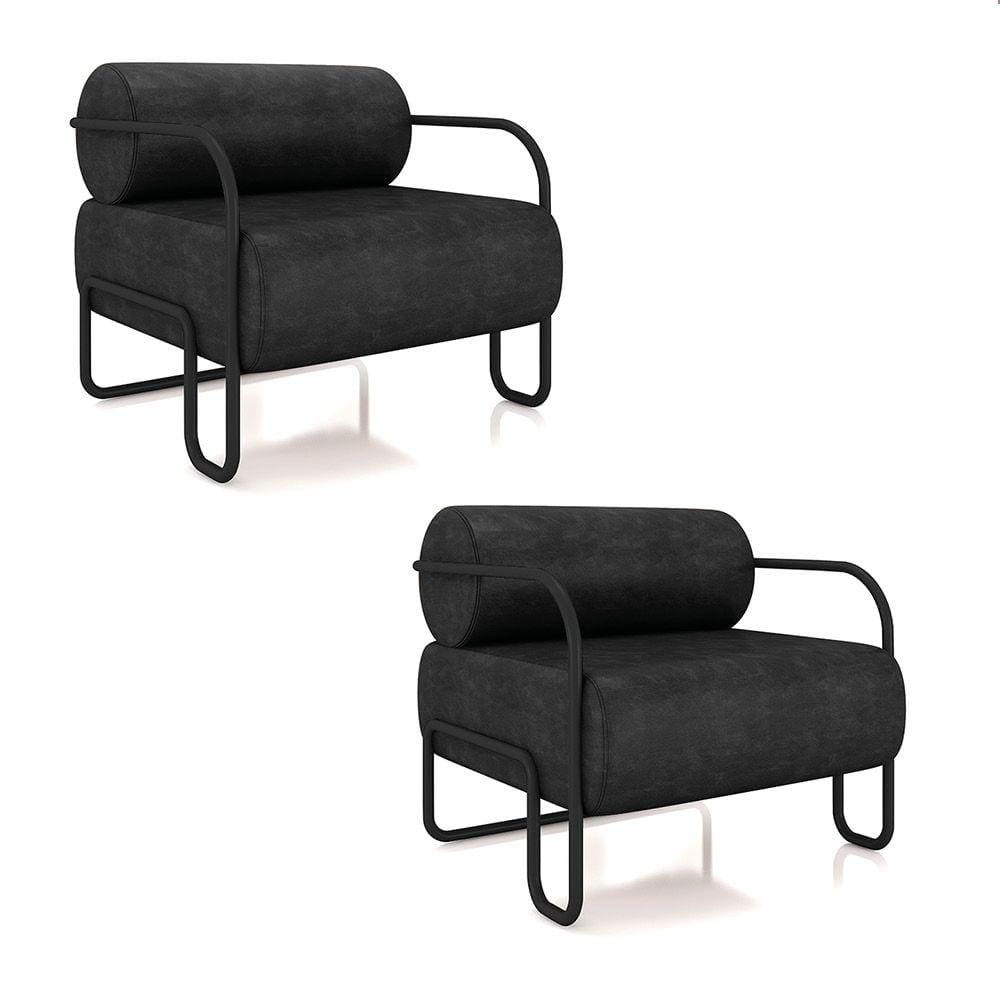 Poltrona Sala de Estar Industrial Preto Kit 2 Ameli Sintético PU Preto K01 - D`Rossi