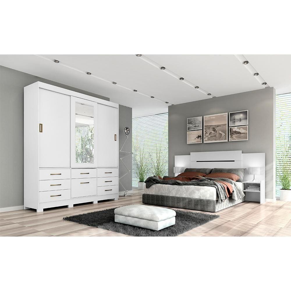 Quarto De Casal Com Guarda Roupas Com Espelho Luiza E Cabeceira Extensível Mila Panan Branco