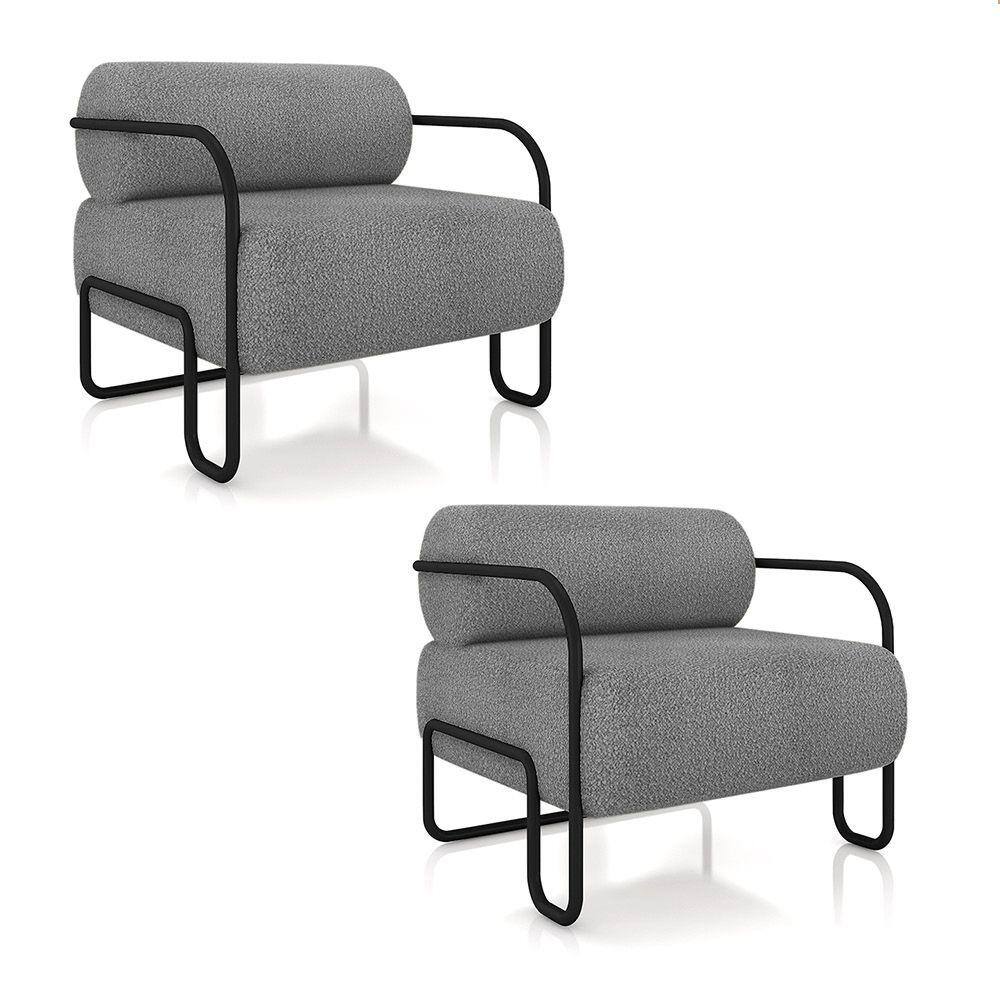 Poltrona Sala de Estar Industrial Preto Kit 2 Ameli Bouclê K01 - D`Rossi