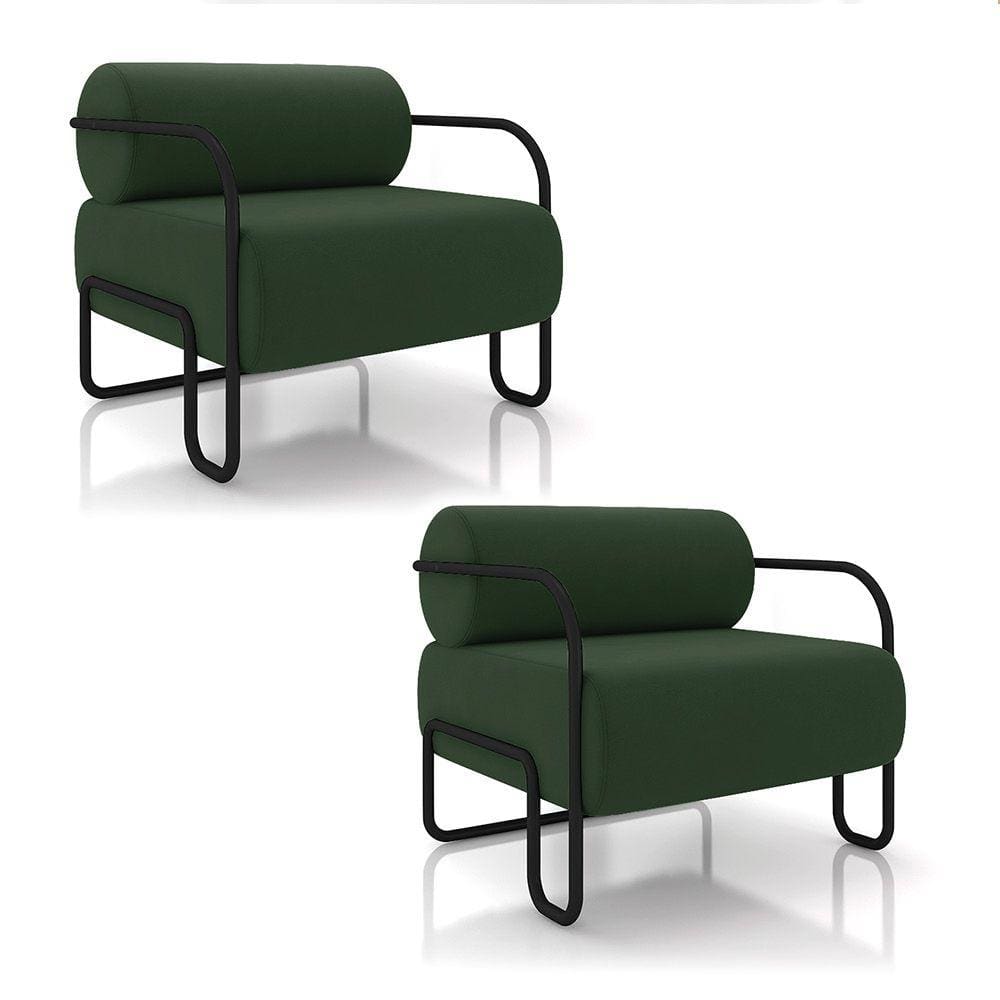 Poltrona Sala de Estar Industrial Preto Kit 2 Ameli Veludo Verde Musgo K01 - D`Rossi