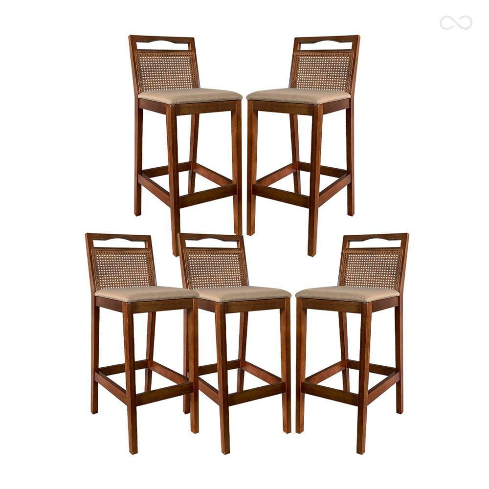 Kit 5 Banquetas de Madeira para Bancada Alta Valência Rattan Castanho Linho Bege CCS