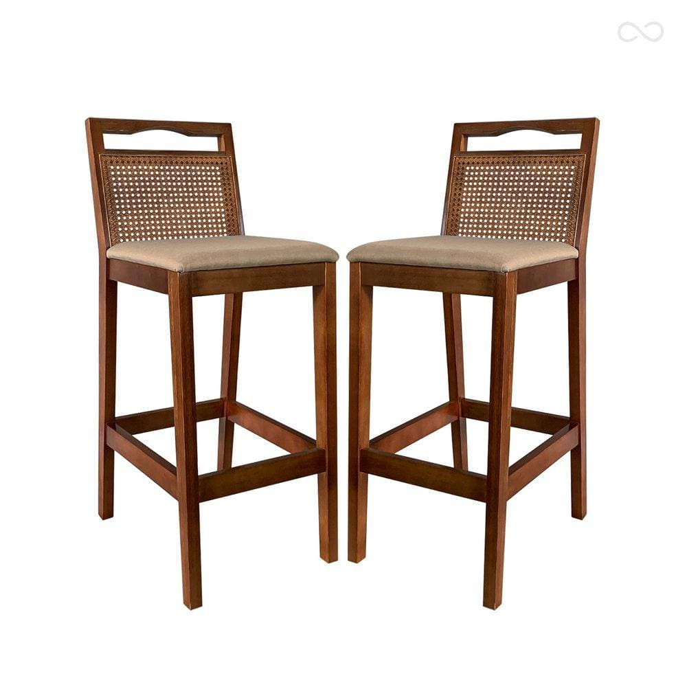 Kit 2 Banquetas para Bancada Alta de Madeira Estofada Valência Rattan Castanho Linho Bege CCS