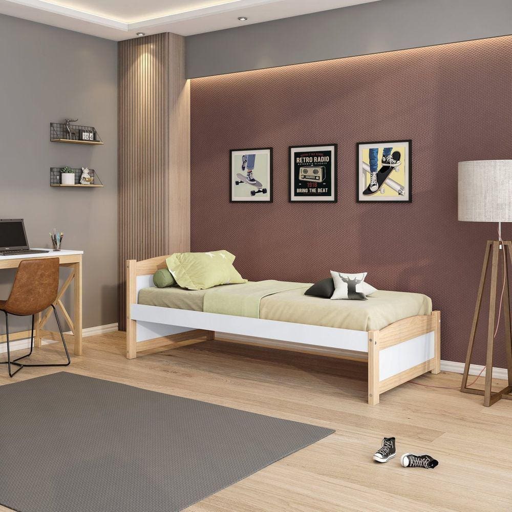 Cama Solteiro Madeira Maciça/mdf Teen Casatema Branco/Natural