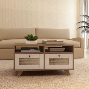 Mesa de Centro 2 Gavetas e Detalhe em Impressão Palha Cinamomo/Off White