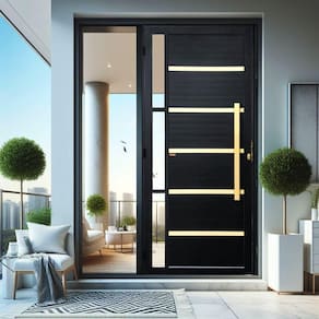 Porta de Aluminio Pivotante Lambril 210x120cm com Puxador Super Miraggio Brimak Preto Dourado