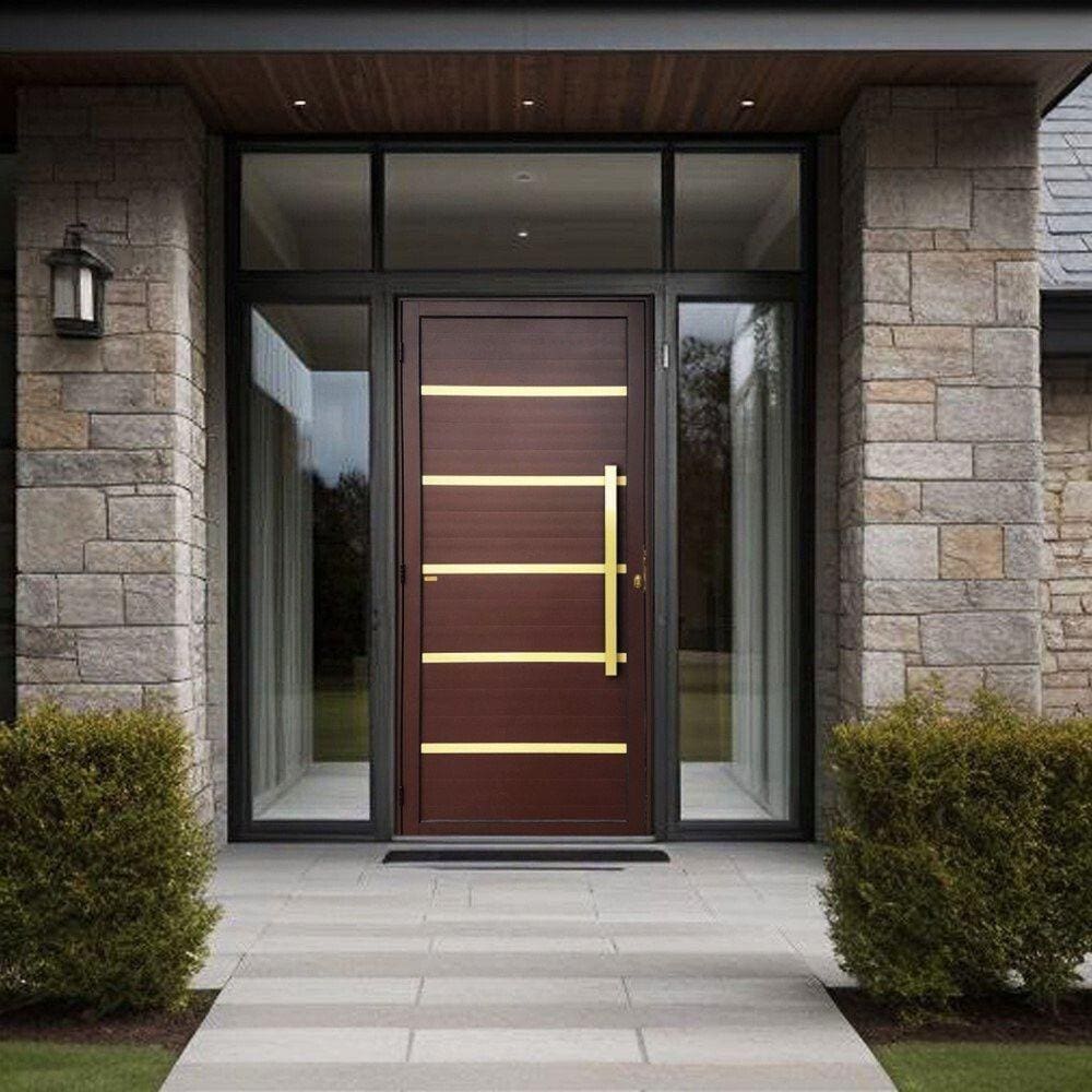 Porta de Aluminio Pivotante Lambril 210x120cm com Puxador Super Premium Brimak Marrom Corten Dourado