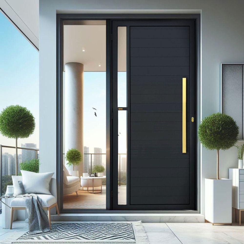 Porta de Aluminio Pivotante Lambril 210x100cm com Puxador Super Visione Brimak Preto Dourado