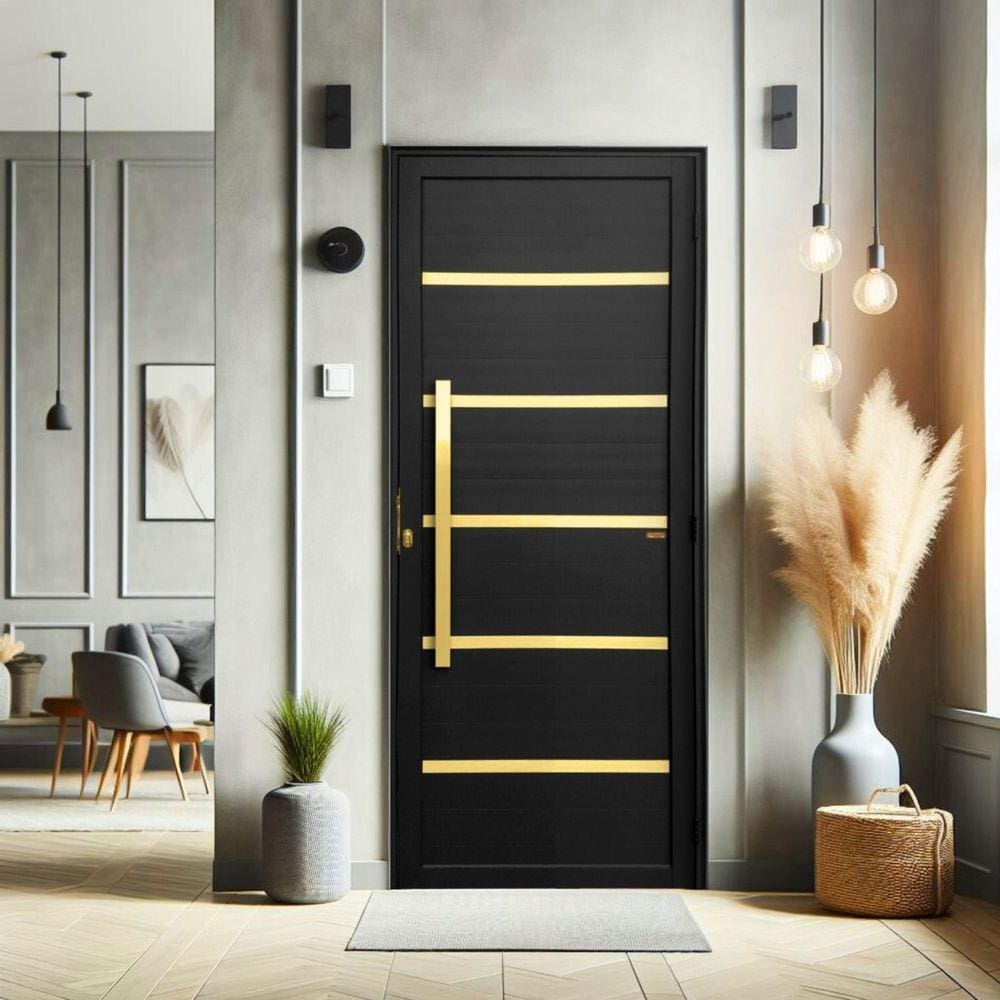 Porta de Aluminio Pivotante Lambril 210x120cm com Puxador Super Premium Brimak Preto Dourado