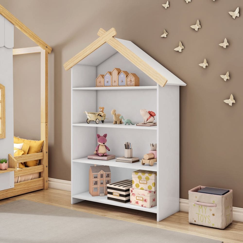 Estante Infantil com 4 Prateleiras Prime Mdf Laca Casinha Casatema Branco/Natural