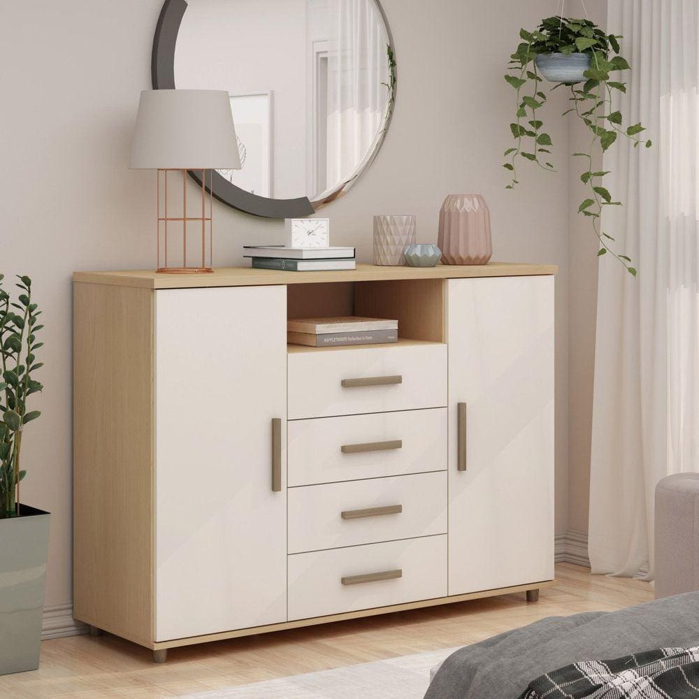 Cômoda Berlim 2 Portas 4 Gavetas Freijo/White Laca Brilho