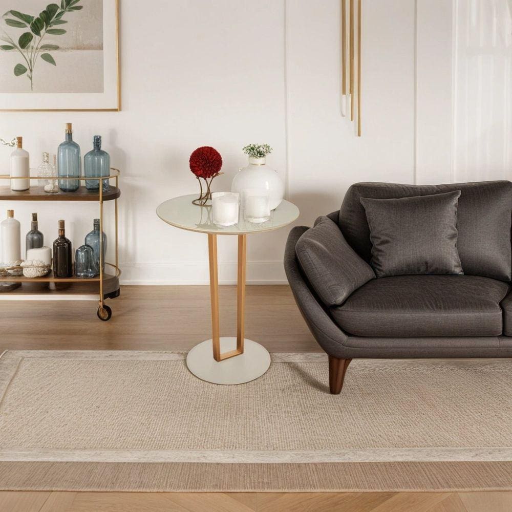 Mesa Lateral com Vidro Aço Carbono Off White/Dourado