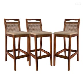 Kit 3 Banquetas Alta de Madeira para Bancada Valência Rattan Castanho Linho Bege CCS