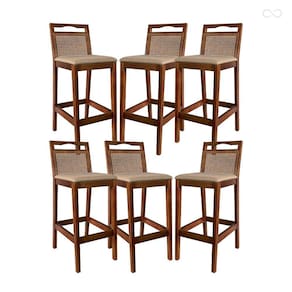 Kit 6 Banquetas para Bancada Alta de Madeira Valência Rattan Castanho Linho Bege CCS