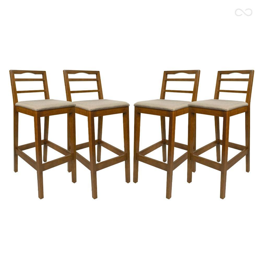 Kit 4 Banquetas para Balcão Estofada Alta Grécia de Madeira Amêndoa Linho Bege CCS