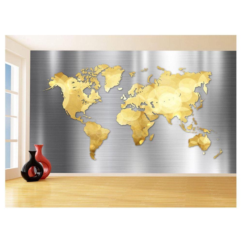 Papel De Parede 3D Mapa Mundi Aço Escovado Ouro 3,5M Nmu62