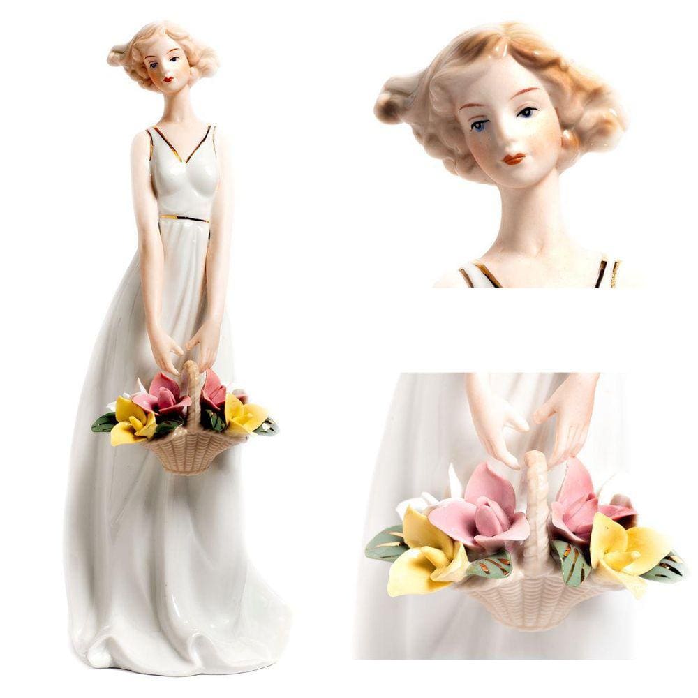 Escultura Dama Com Cesto De Flores Decoração Em Porcelana